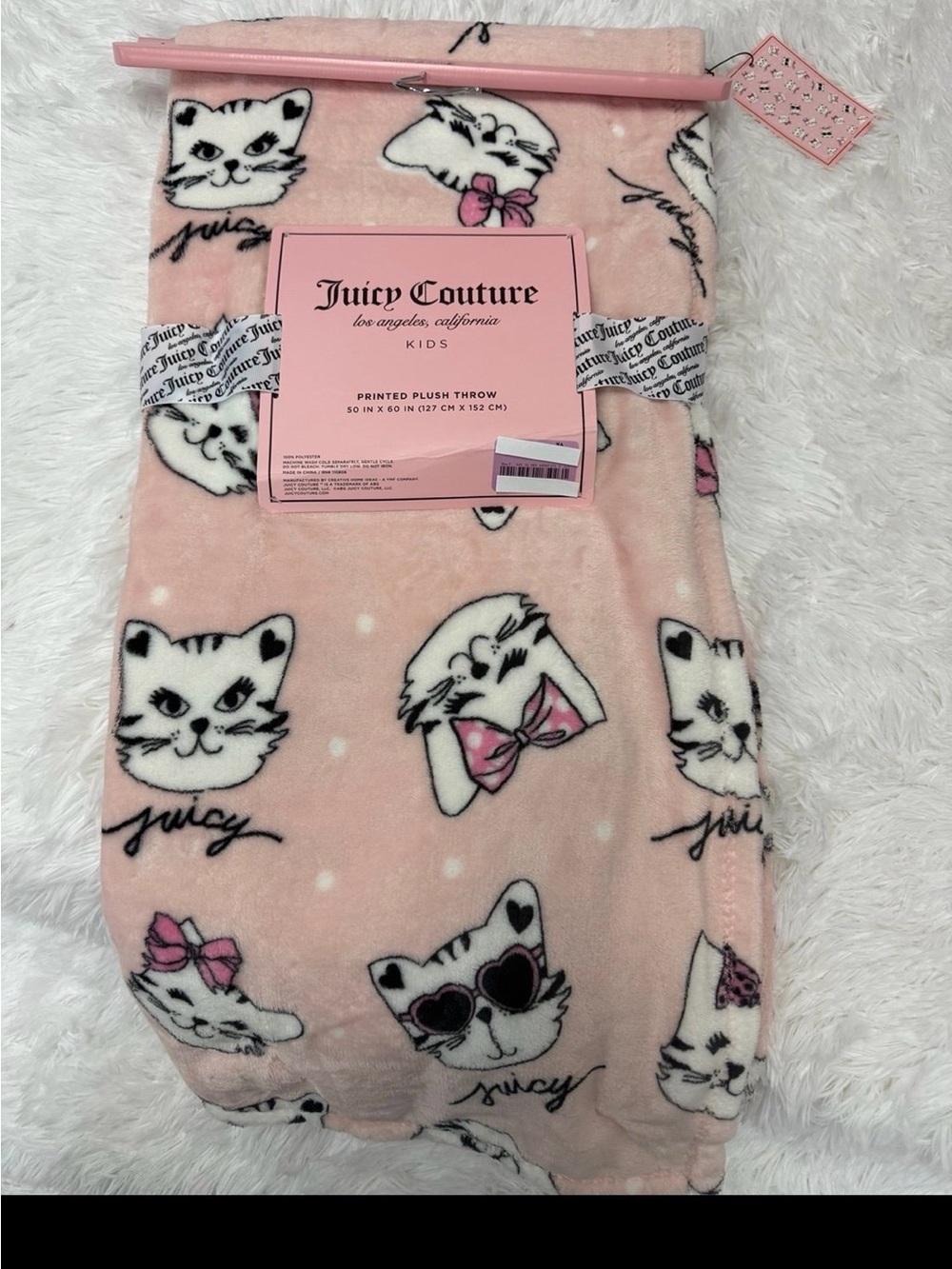 Juicy Couture Pink Cat Print Plush Throw Blanket